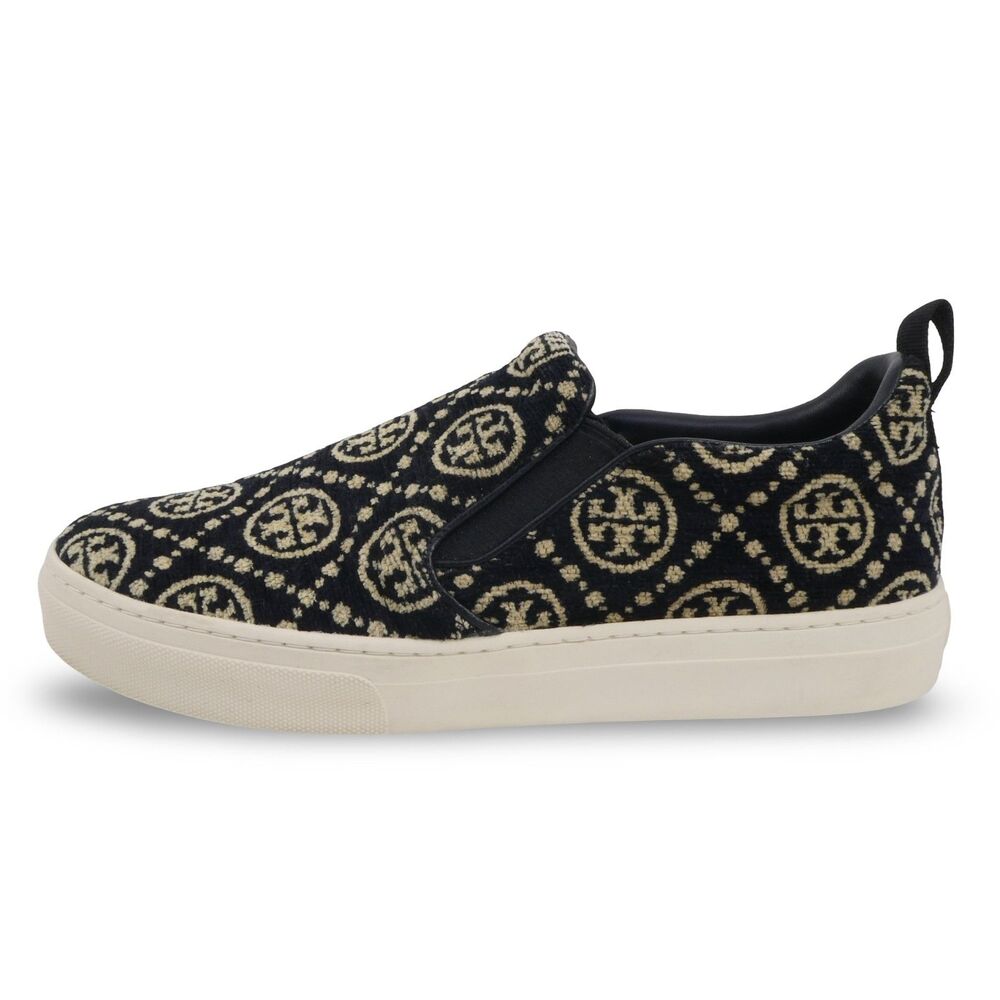 Tory Burch T Monogram Women's 8.5 Slip On Sneakers Black Chenille Sneakers 300$